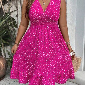 Shein Hot Pink Polka Dot Dress With Ruffle Hem Womens Plus Size 1XL NWOT